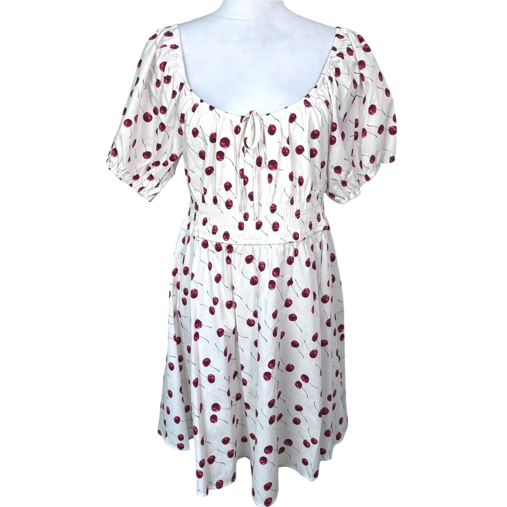 CRYSTAL DOLL FRANCESCA'S Womens XL NWT White Red Cherry Print Smocked Mini Dress